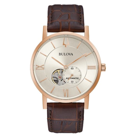 Bulova Men's Classic Automatic Skeleton Brown Leather Strap Watch - Picture 2 of 5